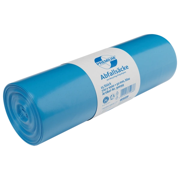 Deiss Premium Abfallsäcke aus Recycling-LDPE, 10 × 25 Stück, mit Zugband – 120 l · blau