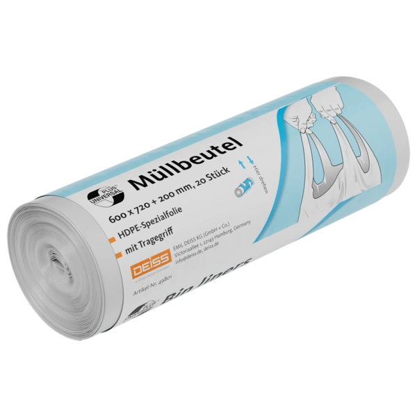 Deiss Universal Plus Müllbeutel aus HDPE, mit Tragegrif,f 20 × 20 Stück – transparent
