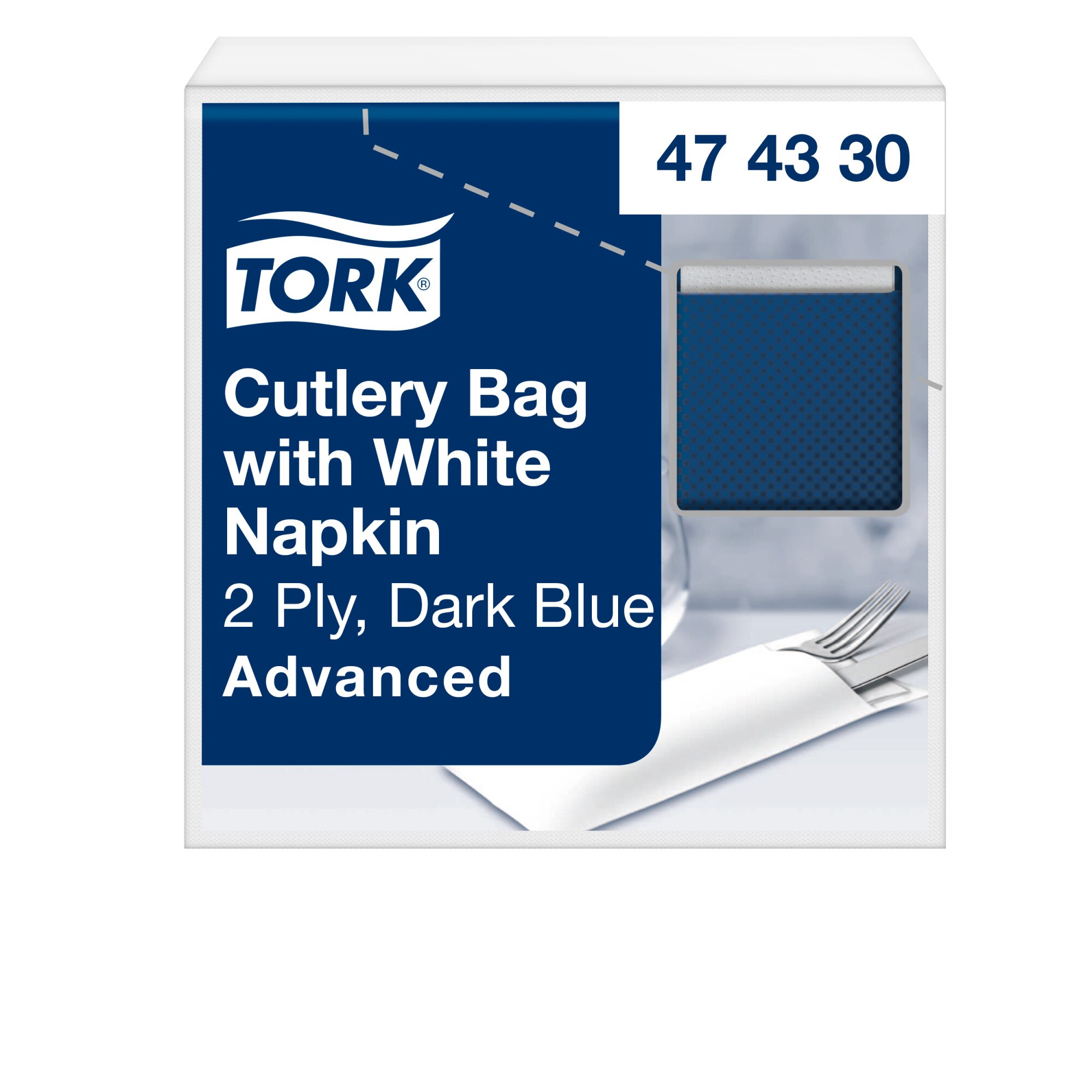 Tork Advanced Serviettentaschen 8,5 x 20 cm, dunkelblau, mit weisser Serviette